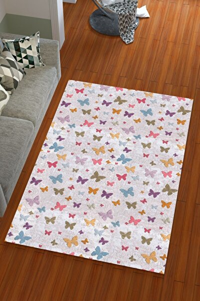 Miray Tekstil غطاء سجادة مرن بنمط فراشة ملونة من الحرير المخملي