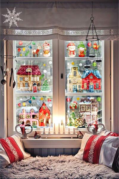 Sticker Sepetim Χιονισμένη πόλη με θέμα την Πρωτοχρονιά, Σπίτια Χιονάνθρωπος ...