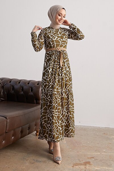 InStyle Else Taş Desenli Hasır Kemerli Elbise - Haki