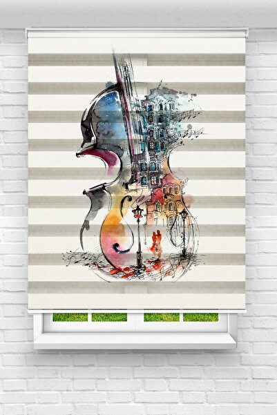 Genel Markalar Çocuk Odası - Renkli Keman Baskılı Zebra Perde