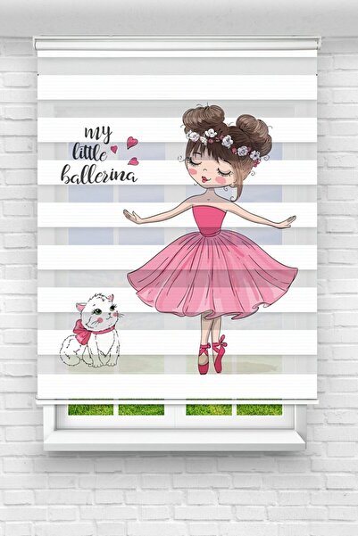 vanilyahome Çocuk Odası - Balarin Kız Ve Sevimli Kedi Baskılı Zebra Perde