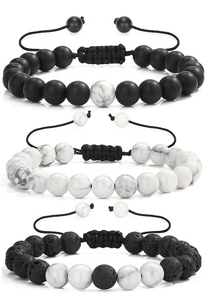 Tesbih Atölyesi مجموعة أساور ثلاثية من حجر Howlite Onyx Lava Stone معتمدة بجودة Aaa