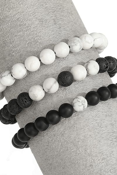 Tesbih Atölyesi مجموعة أساور ثلاثية من حجر Howlite Onyx Lava Stone معتمدة بجودة Aaa