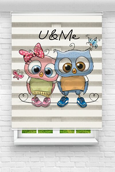 Genel Markalar Çocuk Odası - Sevimli Baykuşlar Ve Kelebekler Baskılı Zebra Perde