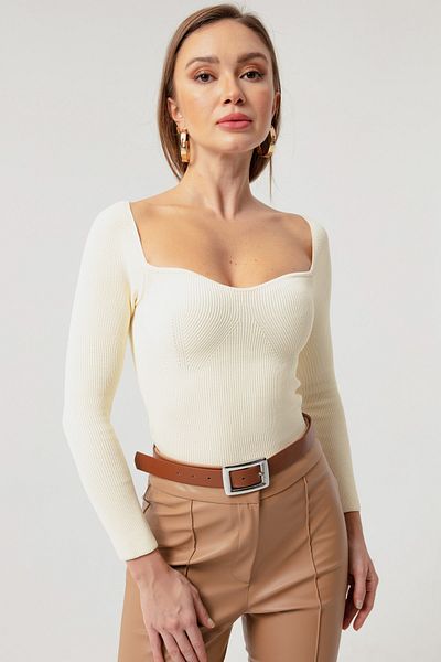 Lafaba Women's Cream Sweetheart Neckline Ribbed Knitwear Sweater