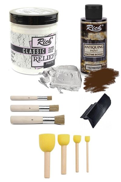 GLANCE Rich Relief Cake Classic 350 Gr White Antique Paint Stencil Brush Set of 4 Pompom Brush Texture Comb