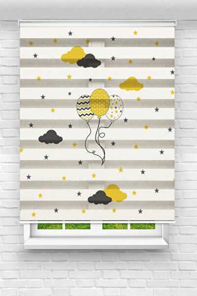 Genel Markalar Çocuk Odası - 3 Lü Sarı Balon Ve Yıldızlar Baskılı Zebra Perde