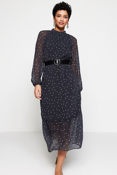 Trendyol Collection Czarna tkana sukienka w kropki z podszewką z szyfonu TWOSS20EL0982