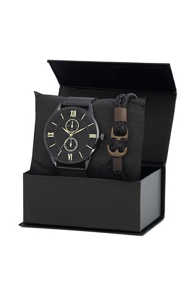 Forentina Siyah Hasır Kol Saati Bileklik Kombin Set Erkek - Ps260900tr
