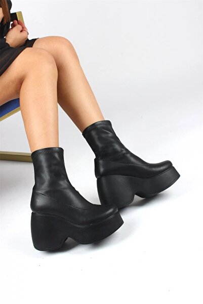 Prego Kalın Platform Poli Taban Hafif Siyah Streç Kadın Bot