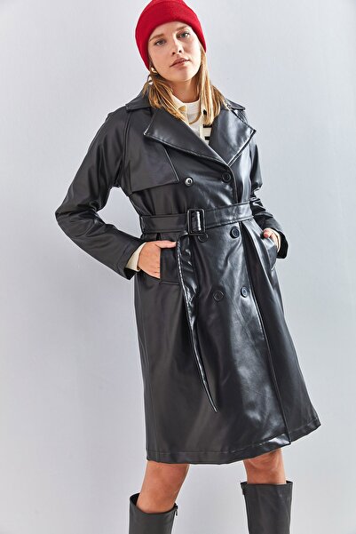 Bianco Lucci Women's 6 Button Belted Leather Overcoat 2246