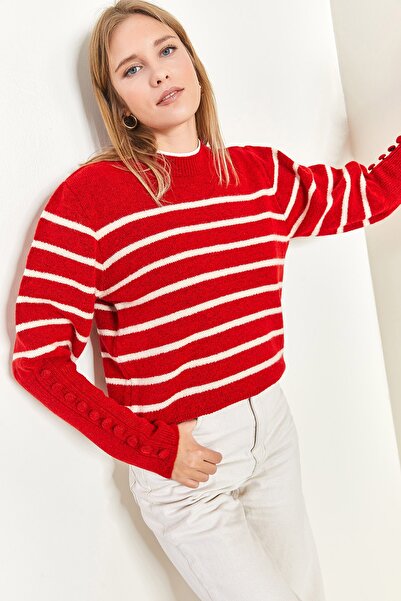 Bianco Lucci Női csíkos kötött pulóver mandzsettagombbal