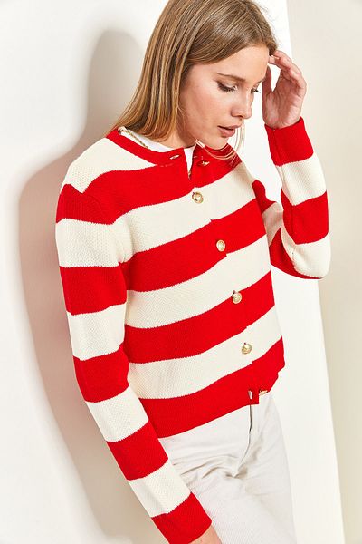 Bianco Lucci Cardigan de damă, cu nasturi metalice, cu dungi groase