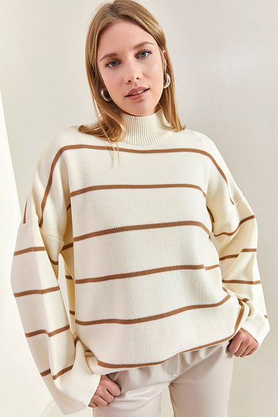 Bianco Lucci Women's Turtleneck Striped Oversize Knitwear Sweater