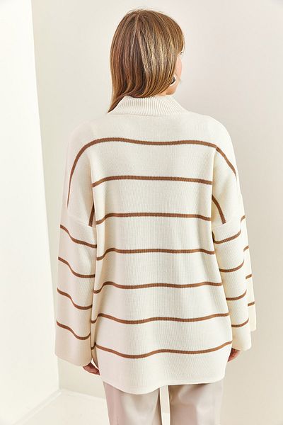 Bianco Lucci Women's Turtleneck Striped Oversize Knitwear Sweater