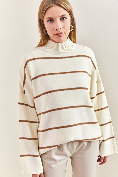 Bianco Lucci Pulover de damă cu gât în dungi supradimensionate