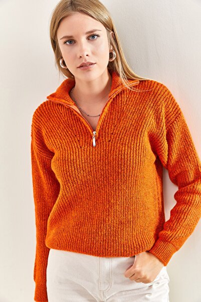 Bianco Lucci Women's Zippered Turtleneck Oversize Knitwear Sweater