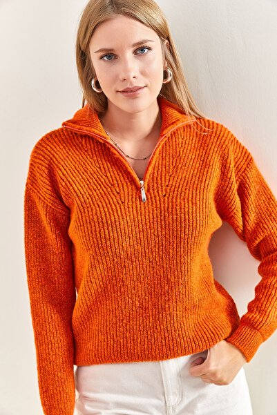 Bianco Lucci Women's Zippered Turtleneck Oversize Knitwear Sweater