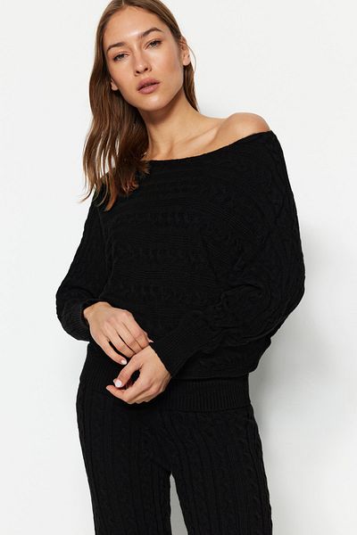 Trendyol Collection Fekete haj fonott kötöttáru felső és alsó készlet THMAW22AU0495