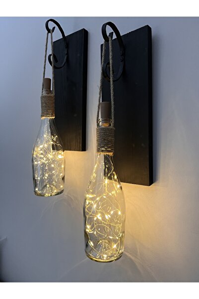 Mes Reves Tıpa Peri Led Işıklı Siyah Ahşap Cam Şampanya Şişesi Duvar Aplik 2'li Set