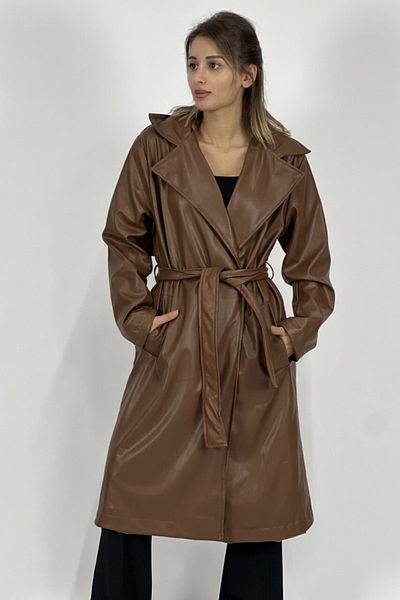 Jaglion New Season Women's Tan Leather Trench Coat