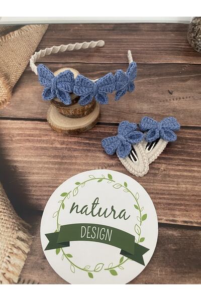 NATURA DESİGN Coroană cu fundă tricotată Indigo - Set de catarame duble cu cadou