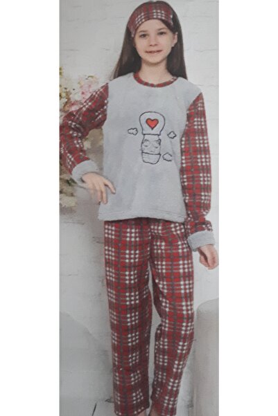 KOZMOMODA Ekoseli Kırmızı/gri Balon Detaylı Kız Çocuk Polar Pijama Takımı