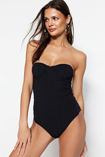 Trendyol Collection Fekete erkély texturált normál fürdőruha TBESS23MA00102