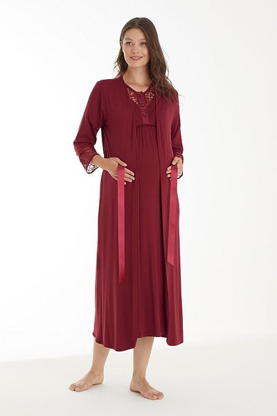 Miss Dünya Lissa Burgundy Lace Detailed Maternity Night Set with Dressing Gown