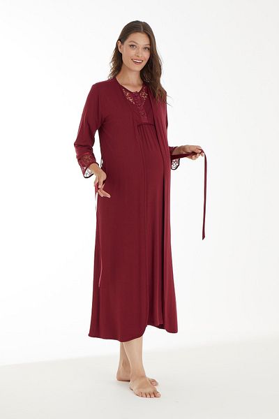 Miss Dünya Lissa Burgundy Lace Detailed Maternity Night Set with Dressing Gown