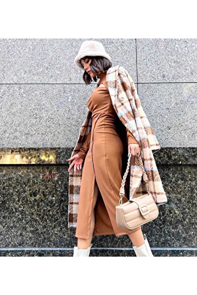 DERİNBOUTIQUE Kadın Taba Rengi Kaşkorse Öpücük Dekolte Yaka Düğmeli Yırtmaçlı Kışlık Yılbaşı Yeni Yıl Elbise