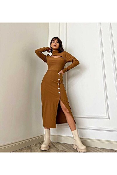 DERİNBOUTIQUE Kadın Taba Rengi Kaşkorse Öpücük Dekolte Yaka Düğmeli Yırtmaçlı Kışlık Yılbaşı Yeni Yıl Elbise
