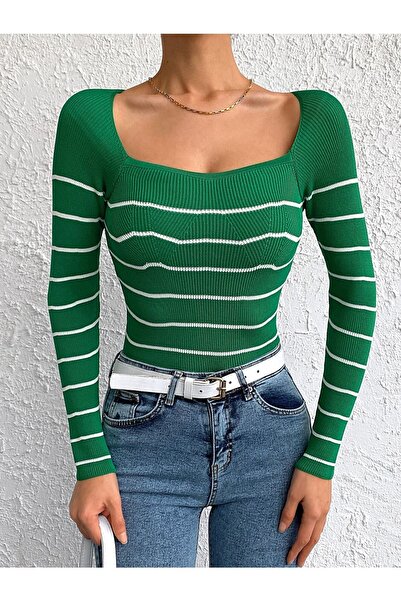 LE CARAMBOLE Γυναικεία Πλεκτή Μπλούζα Πράσινη Λευκή Ριγέ