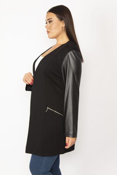 Şans Women's Large Size Black Faux Leather Detailed Ornamental Pocket Zippered Unlined Jacket 65n35353