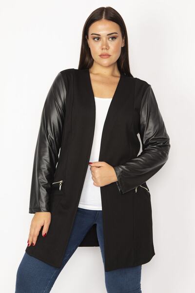 Şans Women's Large Size Black Faux Leather Detailed Ornamental Pocket Zippered Unlined Jacket 65n35353