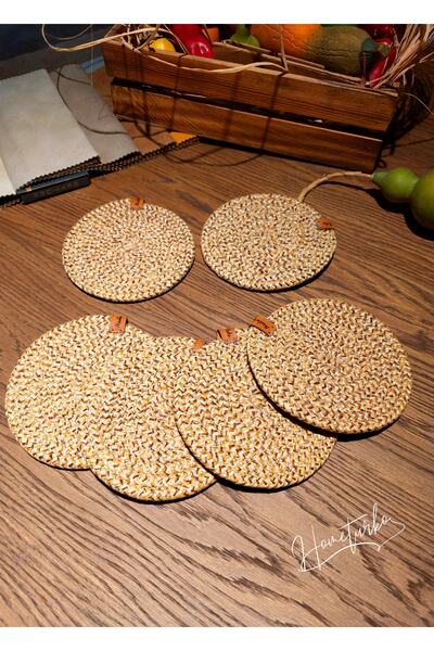 HomeTurko 6 Adet 12cm Doğal Jüt Hasır Örgü Bardak Altlığı Sunum Takım