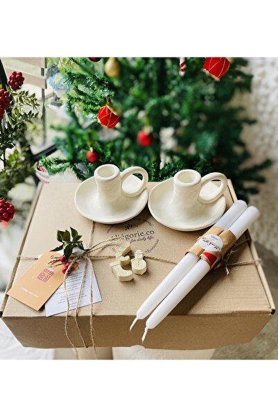 Allegorie.Co El Yapımı 2li Krem Kulplu Şamdan 2li Mum Seti Yılbaşı Hediye Paketi