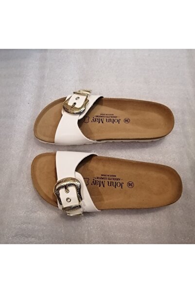 John May Uniseks Hakiki Vaketa Deri Beyaz Altın Metal Desenli Tokalı Üç Ayarlı Tek Bantlı Terlik