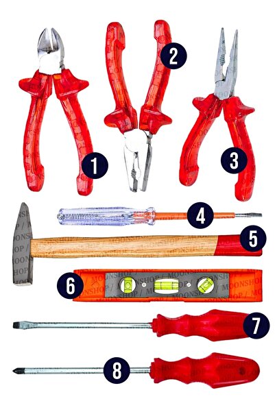 MOONSHOP 3lü Pense 3lü Tornavida Çekiç+su Terazisi  8 Parça...