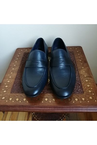 Butik Tülin Unisex Genuine Leather Navy Blue Banded Non-Slip Hard Thin Rubber Sole Loafer
