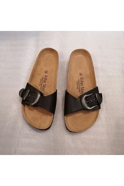 John May Unisex Genuine Vaketa Leather Black Silver Metal Patterned Buckle Three Adjustment Single Strap Slippers
