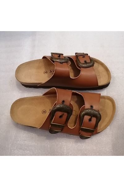 John May Unisex Genuine Vaketa Leather Tan Bronze Metal Patterned Buckle Three Adjustment Double Banded Slippers