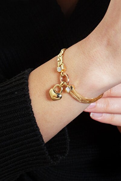 Adil İdil Kuyumculuk Çift Zincirli Kalp Sallantılı Bileklik