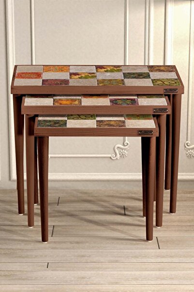 Resmo Traverten Taşlı Ceviz Doğal Ağaç 3'lü Zigon Dekoratif Yan Sehpa Mobilya