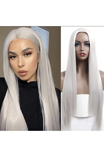 Makromehome Platin Buz Beyazı Düz Uzun Yarım Ay Saç – 3 Parça Çıt Çıt 75cm. 2...