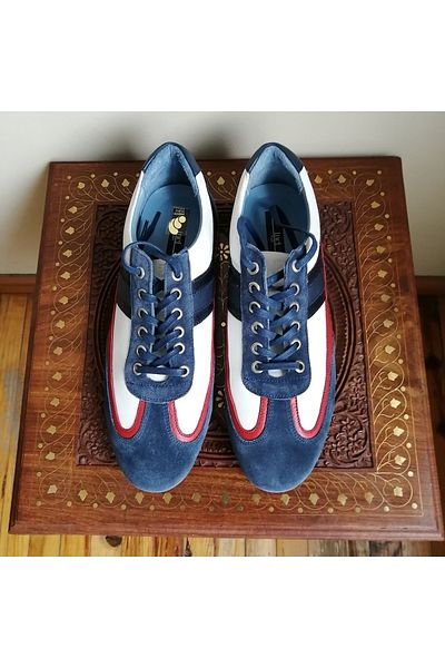 İnci Unisex Genuine Leather Suede Navy Blue White Red Combination Lace Up Crampon Rubber Sole Sneaker
