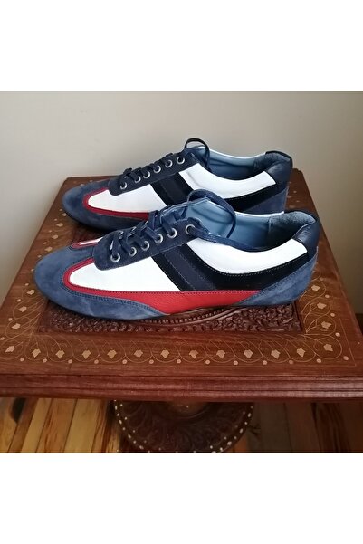 İnci Uniseks Hakiki Deri Süet Lacivert Beyaz Kırmızı Kombin Bağcıklı Krampon Kauçuk Tabanlı Sneaker