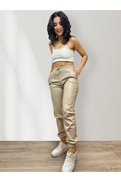 omine Leather Trousers with Elastic Waist and Legs and Ribbon Inside / Fleece...