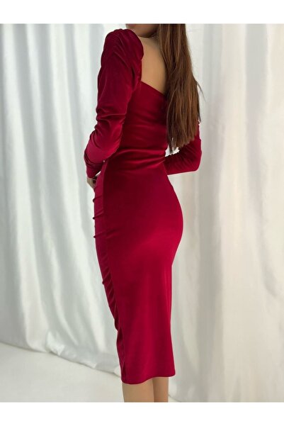 Secret Passion Lingerie Yeni Sezon Kadife Kumaş Göğüs Dekolteli Sırt Açık Yırtmaç Detaylı Midi Boy Abiye Elbise 582275 719