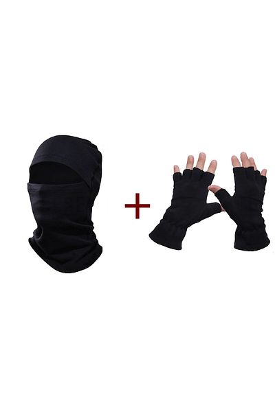 Mrey Men's Black Thermal Winter Fleece Cut-Finger Gloves Snow Mask Biker Helmet Beanie Neck Collar Set of 2